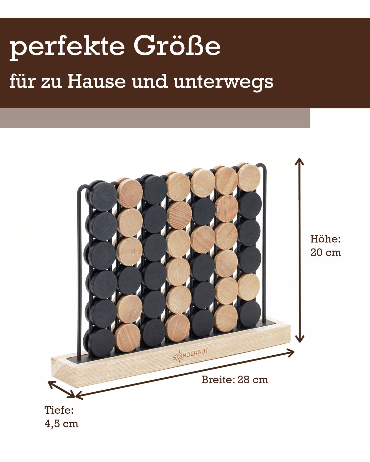 Maße des Sondergut Spiels "Vier in einer Reihe" in aufgebautem Zustand